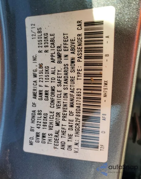2013 Honda Accord Exl from USA, damaged, VIN 1HGCR2F89DA070853